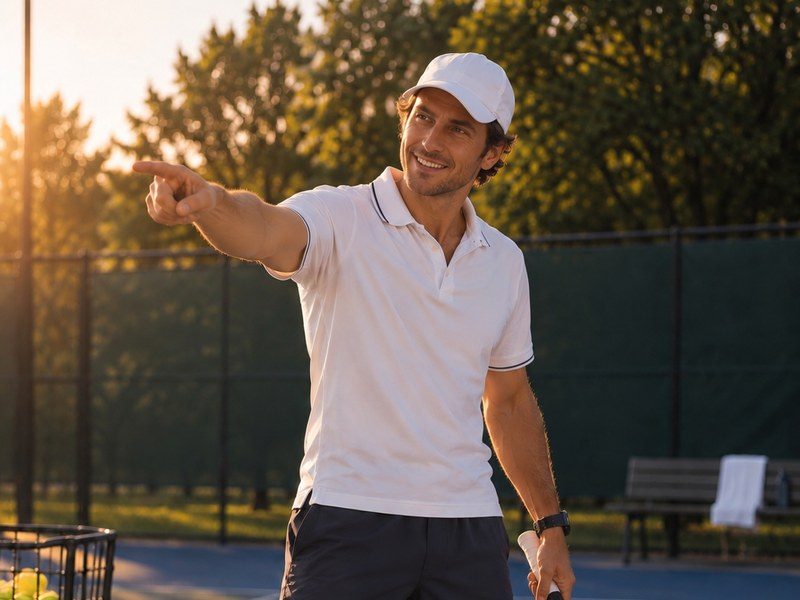 A coach points across the court during a lesson, a ball cart beside him