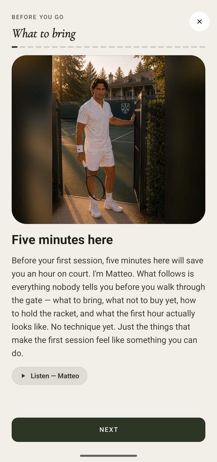 Before you go screen: what to bring, Matteo at the club gate and a Listen button