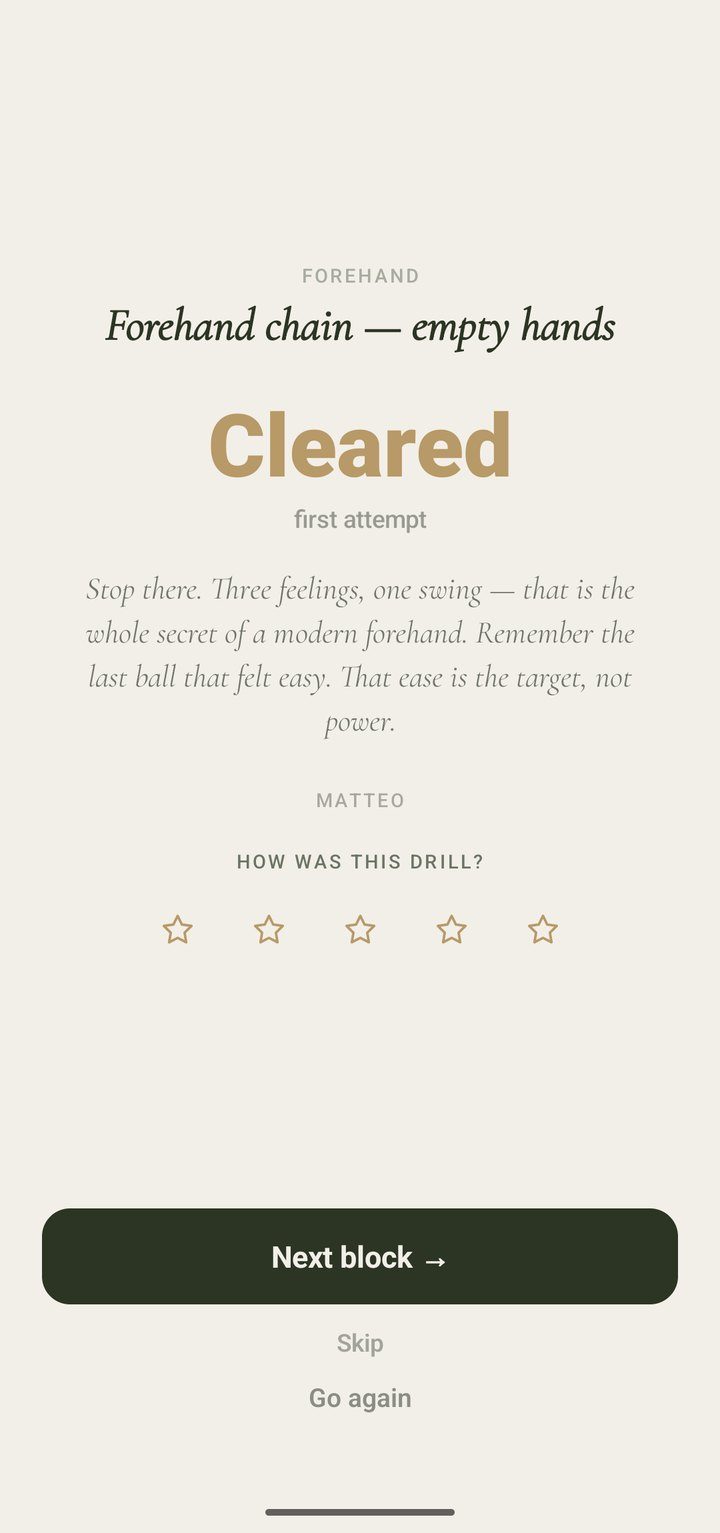 Rating screen after a block: Cleared, a note from Matteo and a star rating