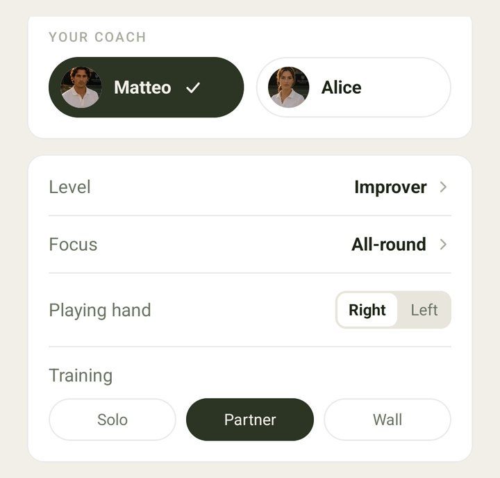 Profile settings: choose your coach, Matteo or Alice, then level, focus, playing hand and how you train