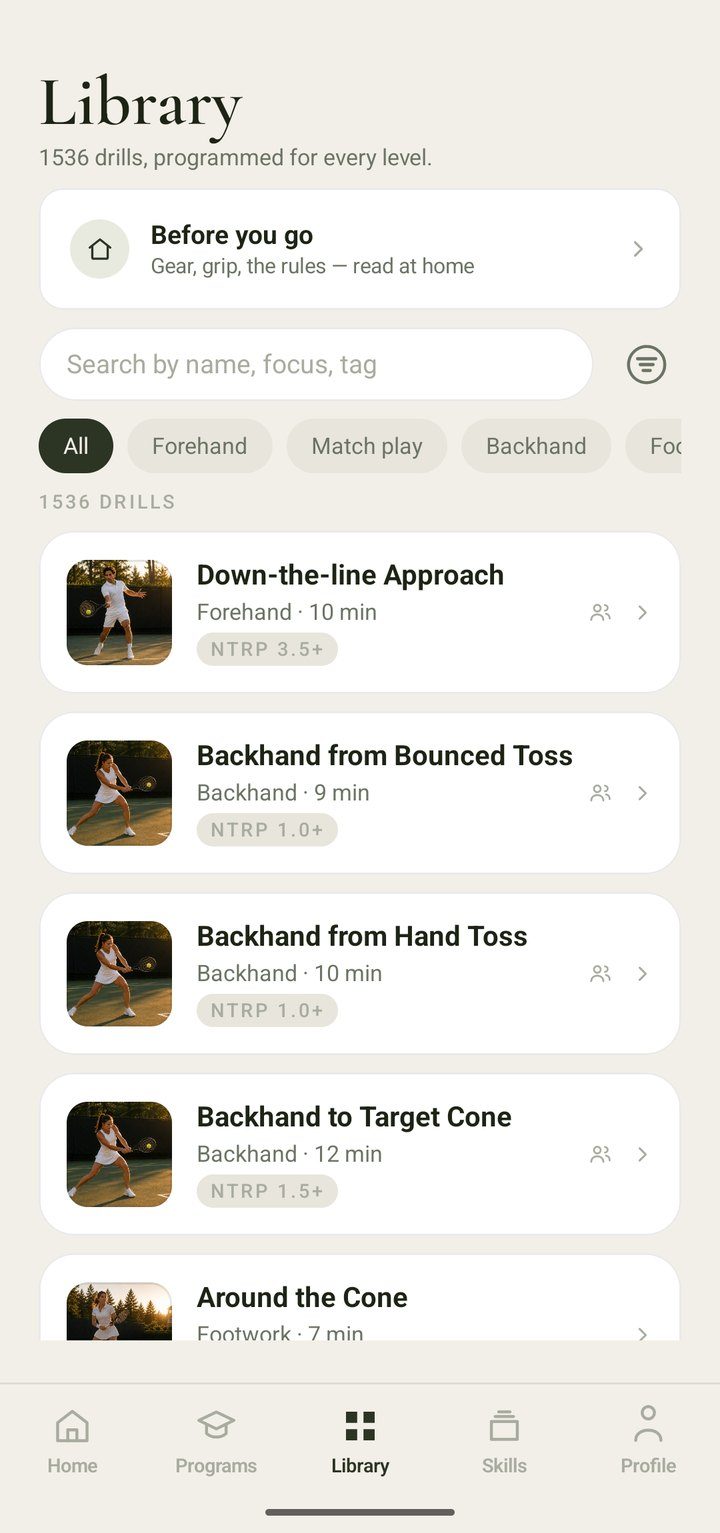 Library screen: 1536 drills, a search field, filters by stroke and a list of drills with level and length