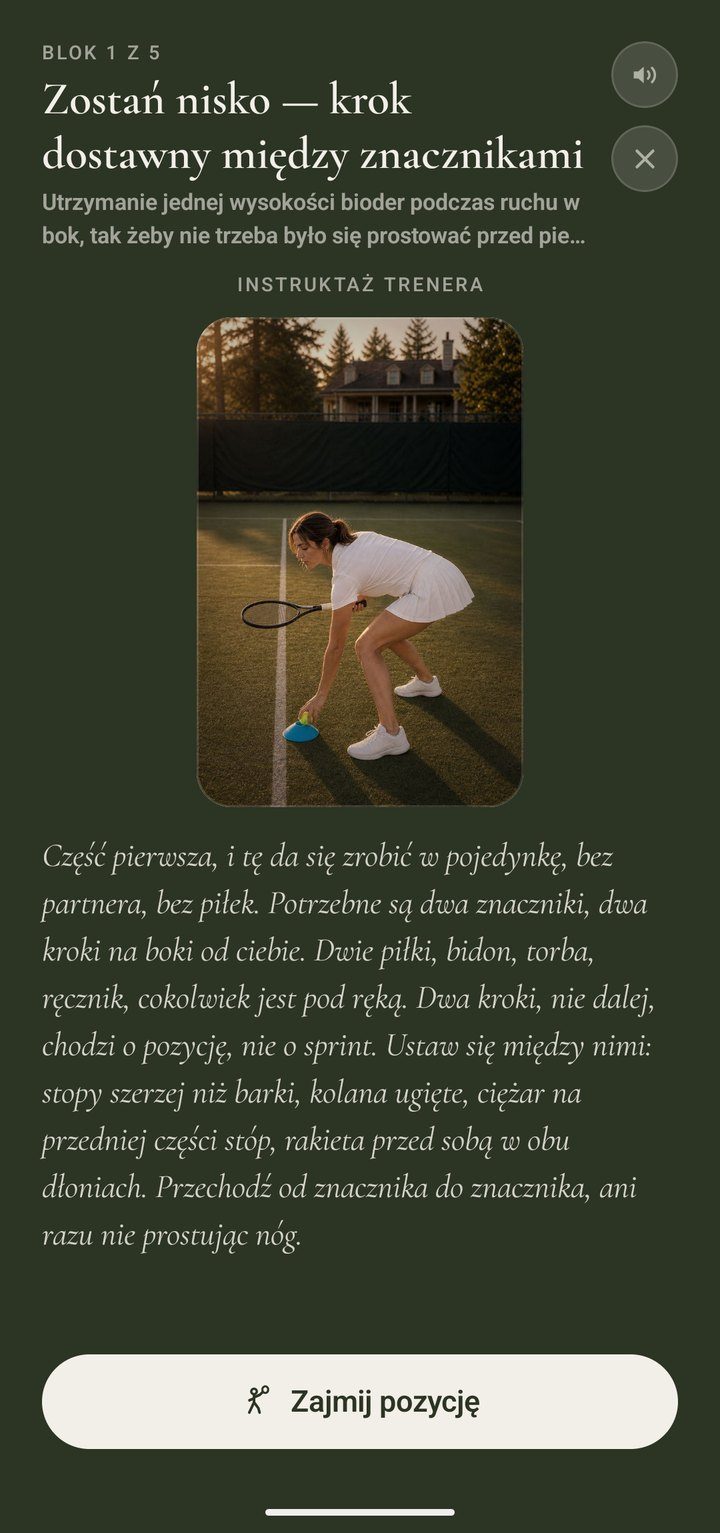 Instruktaż bloku 1 z 5: nazwa ćwiczenia, zdjęcie ustawienia i instrukcja trenera