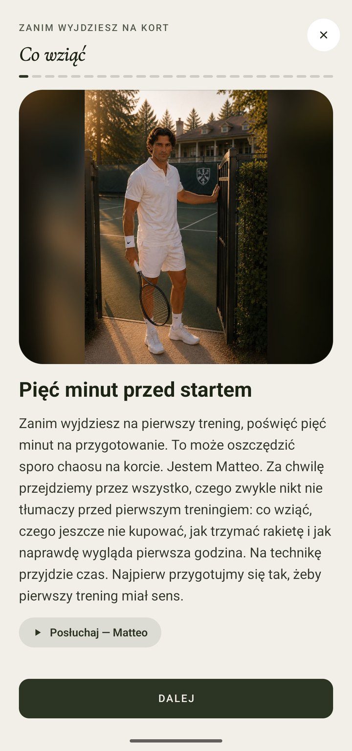 Ekran „Zanim wyjdziesz na kort”: co wziąć, Matteo przy furtce klubu i przycisk Posłuchaj