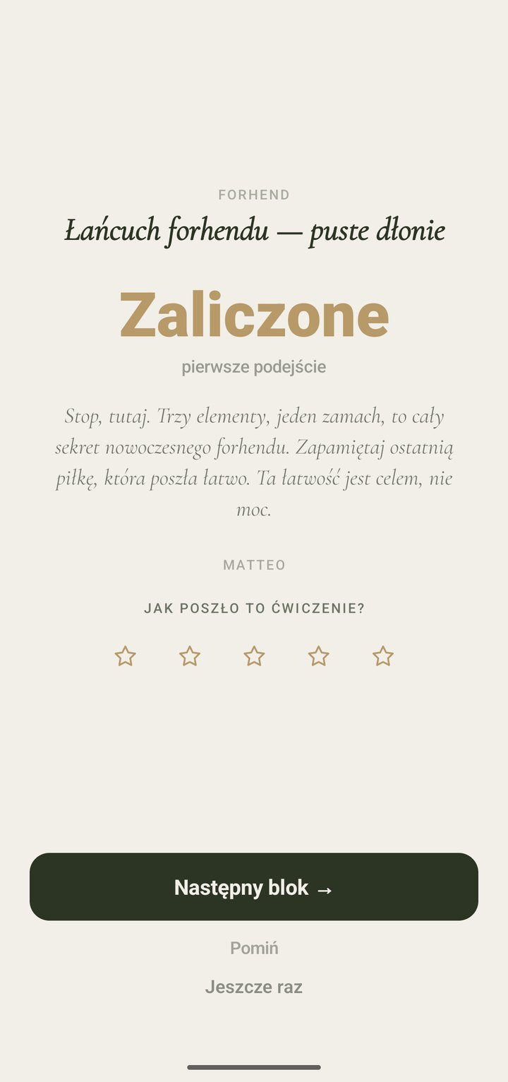Ekran po bloku: Zaliczone, uwaga od Matteo i ocena gwiazdkami