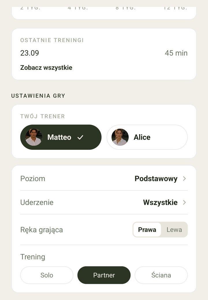 Ustawienia profilu: wybór trenera, Matteo albo Alice, potem poziom, cel, ręka i sposób treningu