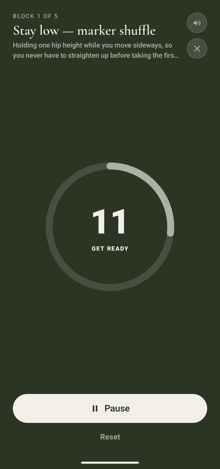 Training screen with drill instructions and a countdown