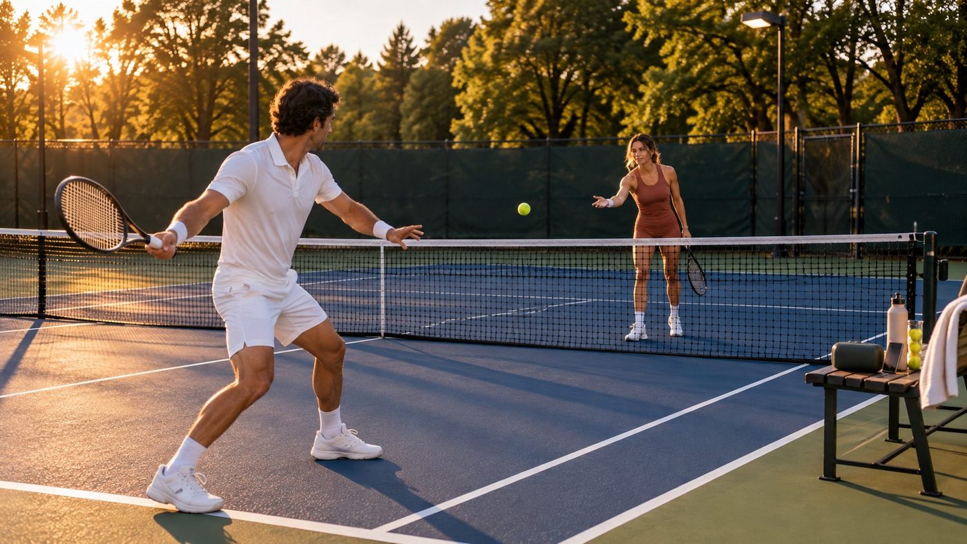 Two players practising on a court, phone and speaker on the bench by the net.